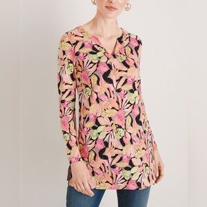 Chico’s 100% Linen Tunic Women M (Size 8) Soft Comfy Shirt Leaf Pink Orange